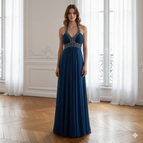 Cache Teal and lime bejeweled halter maxi gown size 4 - Picture 1 of 13